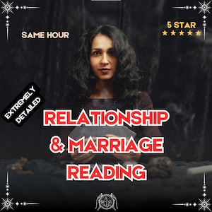 Può includere: Un'immagine che promuove un servizio di lettura di relazioni e matrimonio. Il testo recita "Relationship & Marriage Reading" in rosso e bianco. Sono visibili anche le parole "Same Hour" e "Extremely Detailed". Una donna tiene in mano delle carte.