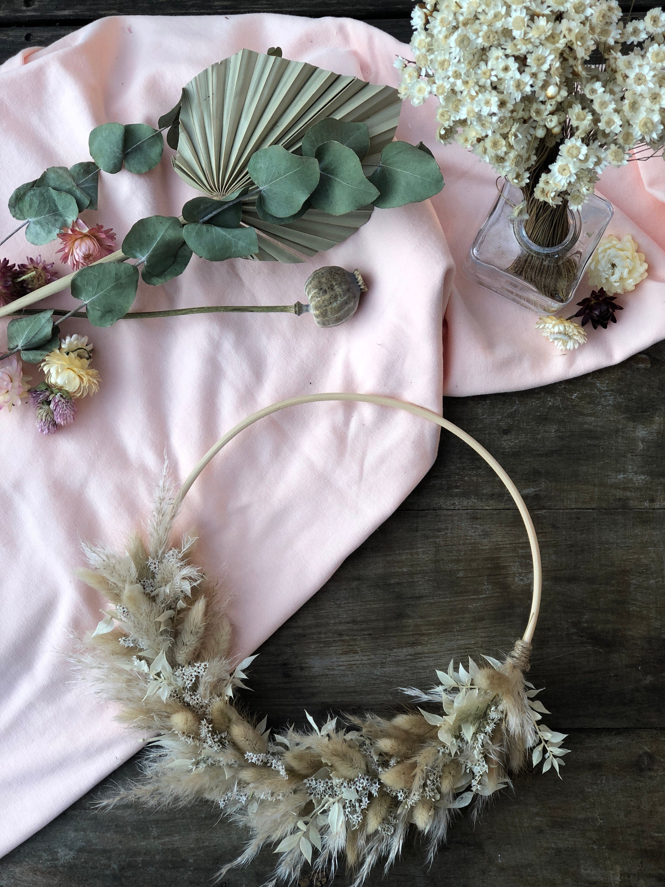 Couronne Murale de Fleurs Séchées, Base en Bois