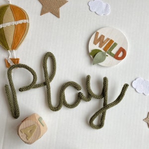 Knitted words, knitted play sign, knitted wire sign, play room, kids room, nursery, wall decor