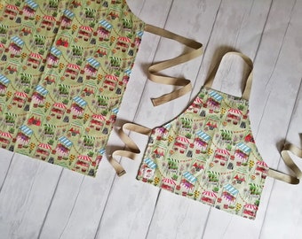 LAST STOCK! Matching Aprons, Sibling Aprons, Kids Apron, Baby Apron, Farmer’s Market Design, 100% Cotton – Baby/Toddler/Child/Adult