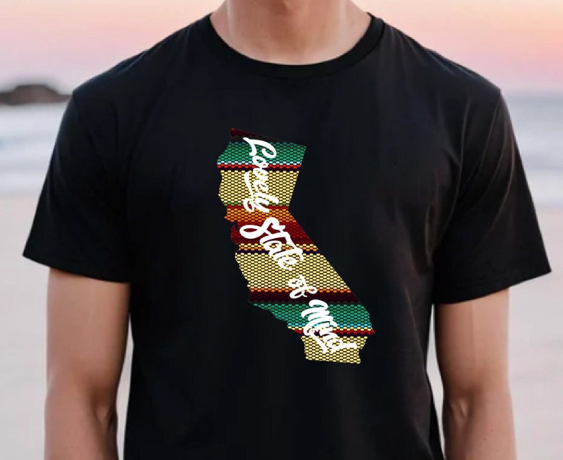 May include: Black t-shirt with a graphic of the state of California in a colorful striped pattern. The text "Golden State of Mind" is written on the graphic.