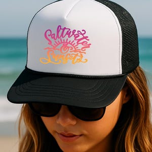 Beach Vibes Trucker Hat, Saltwater & Sunsets, Summer Hat, Summer Beach Hat, Surf Style Gift, Gifts for her, vacation hat, Foam Mesh Hat image 1