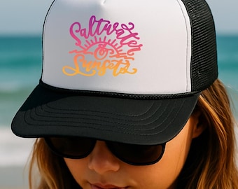 Beach Vibes Trucker Hat, Saltwater & Sunsets, Summer Hat, Summer Beach Hat, Surf Style Gift, Gifts for her, vacation hat, Foam Mesh Hat