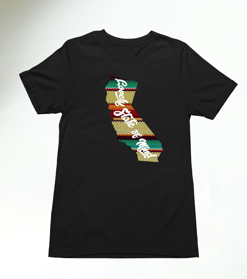 May include: Black t-shirt with a graphic of the state of California in a colorful striped pattern. The text "Golden State of Mind" is written on the graphic.