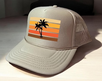 Sunset Vibes Trucker Hat: Beach Palm Tree Design