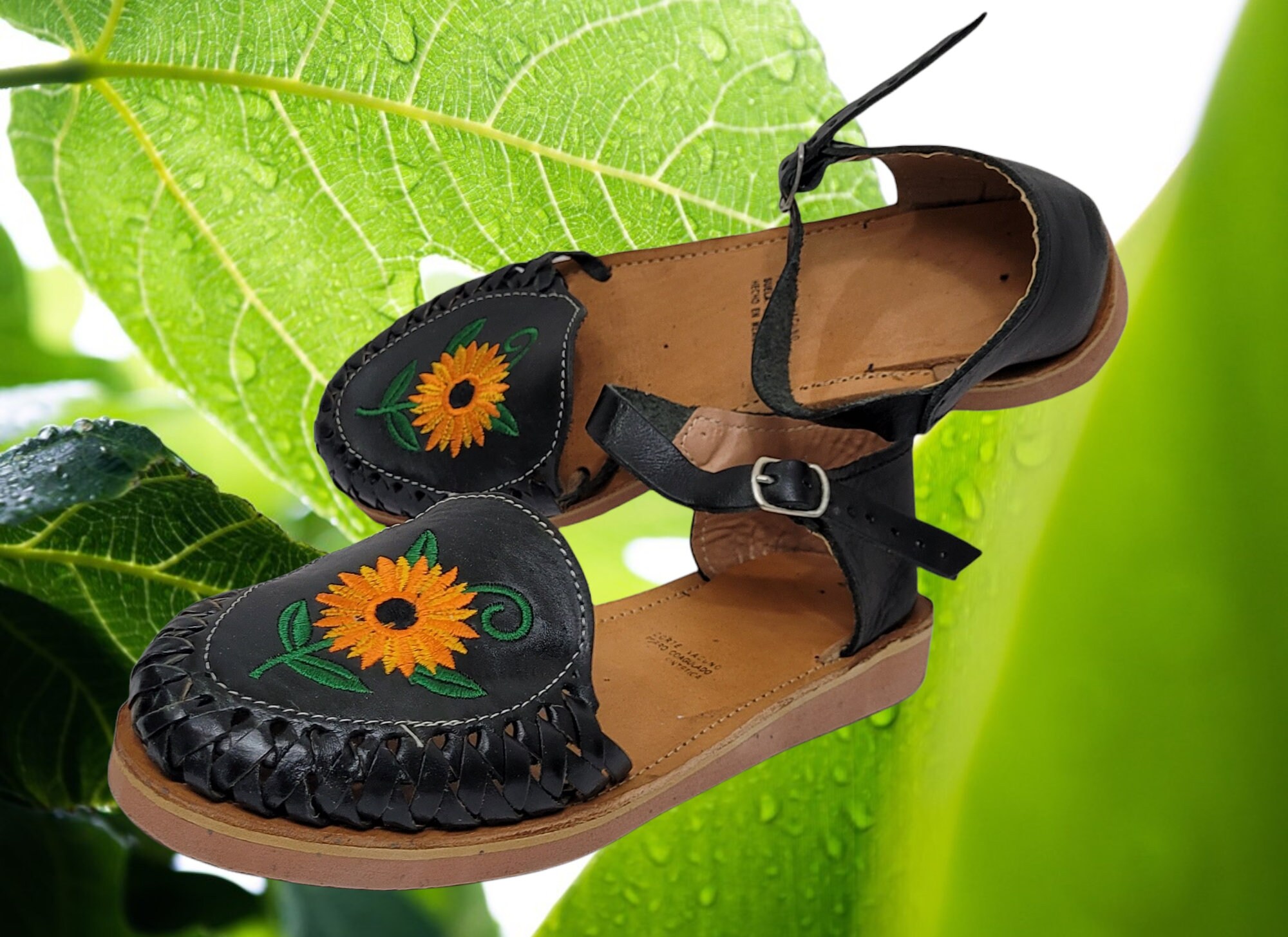 Mexican Sunflower Huaraches 100 Leather Artisan sunflower Embroidered Huaraches black Flats huarache Girasol Bordado huarache Negro oscuro Etsy