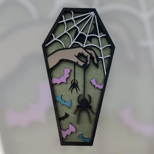 Spider Coffin Wall Art – Hand Painted Gothic Decor – 11.5” Layered Wood Halloween Sign