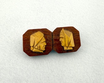 Vintage Hand Carved Wood Brooch Pin Folk Art Couple Faces Scandinavian Style
