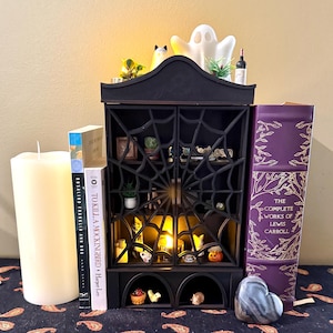 Spiderweb Witch Cabinet Shelf | Gothic Halloween Book Nook | Pentagram Miniature Display Case | Crystal Shelf or Mini Decor Cabinet