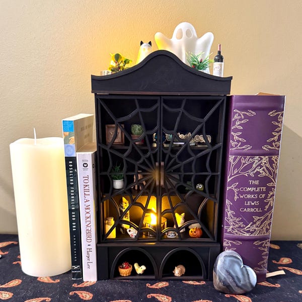 Spiderweb Witch Cabinet Shelf | Gothic Halloween Book Nook | Pentagram Miniature Display Case | Crystal Shelf or Mini Decor Cabinet