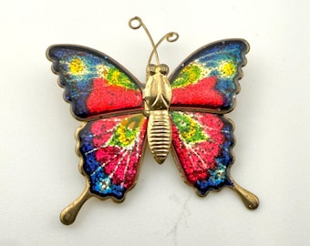 Vintage Butterfly Brooch Colorful Enamel Foil Pin Made in Taiwan Rainbow Glitter Wing Statement Jewelry