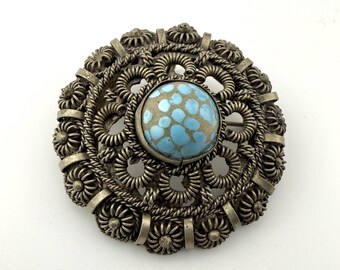Vintage Filigree Brooch Pendant: Blue Cabochon, Antique Silver Tone, Wire Wrap Style