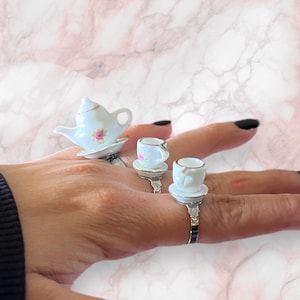 Mini Tea Party Ring – Teapot Ring, Tea Cup Ring, or Set of Both, Adjustable Handmade Kawaii Jewelry, Cottagecore Gift
