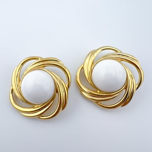 Vintage Trifari Gold Tone Clip On Earrings • White Cabochon 1980s Classic Costume Jewelry