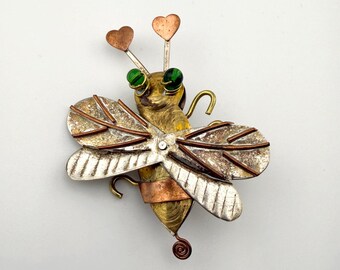Vintage Whimsical Bug Brooch Mixed Metal Bee Dragonfly Pin Artisan Style Heart Antennae Statement Jewelry