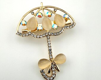 Gold Umbrella Brooch Rhinestone Pin Cute Rainy Day Jewelry Cottagecore Spring Gift