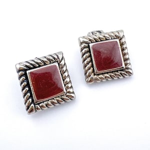 Vintage Square Clip On Earrings - Southwestern Style Red Sparkle with Silver Tone Rope Border