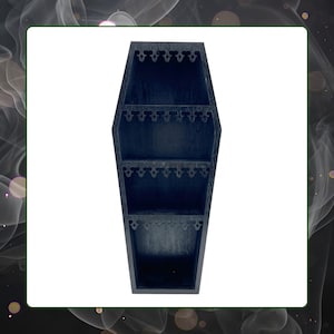 Gothic Coffin Curio Shelf – Black Wooden Shelf for Crystals, Essential Oils, Jewelry & Trinkets – 11.5″ Laser-Cut Gothic Decor