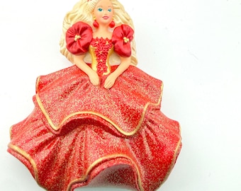 Vintage 1995 Barbie Brooch Hallmark Mattel Red Dress Doll Pin 90s Nostalgia Glitter Holiday Barbie Jewelry
