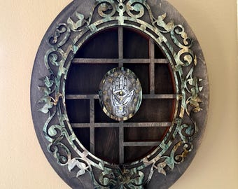 Palmistry Crystal Curio Shelf – Round Wall Display with Hand Painted Mystical Design & Acrylic Overlay
