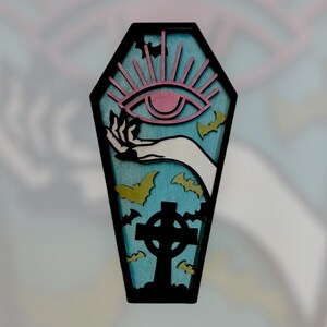 Witchy Coffin Wall Art – Evil Eye -  Hand Painted Gothic Decor – 11.5” Layered Wood Halloween Sign