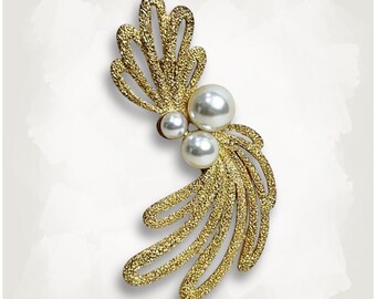 Vintage Gold and Pearl Fancy Brooch - Mid-Century Ribbon Leaf Design