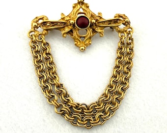 Vintage DKNY Gold Tone Chain Brooch Pin Red Cabochon Ornate Statement Designer