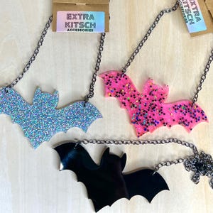 Bat Necklace – Blacklight Pink, Glitter Silver, or Black – Spooky Cute Statement Jewelry – Vampire Goth Summerween Accessory Costume