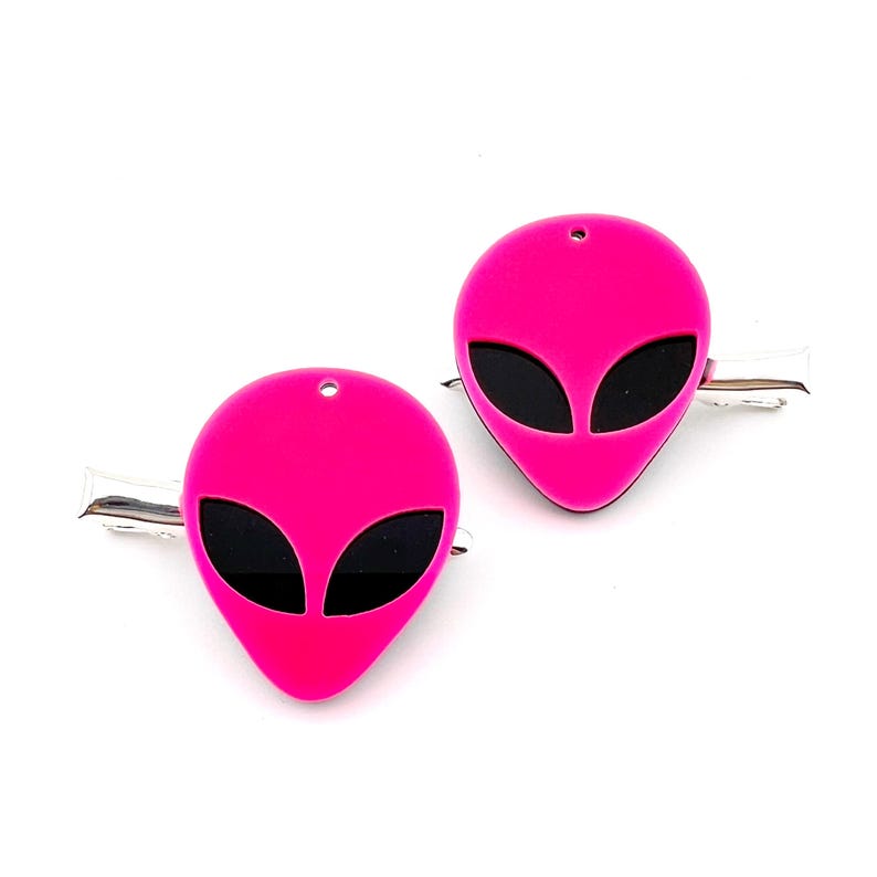 Op de afbeelding: Een paar roze alien-hoofd haarclips met zwarte ogen. De clips zijn gemaakt van acryl en hebben een zilveren metalen staaf.