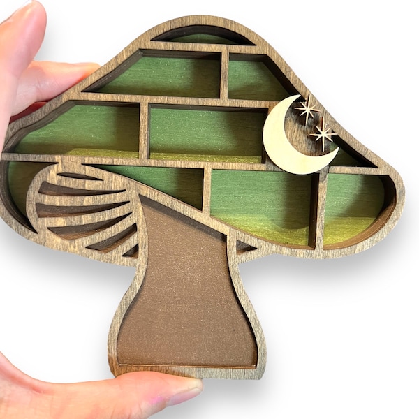 Mini estante de curiosidades con forma de hongo: colorido expositor de baratijas para pared, estante de cristal estilo cottagecore, decoración de hongos hecha a mano de 12,7 cm.