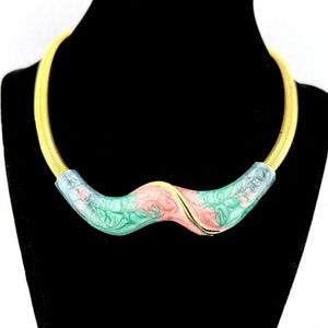 Vintage 80s Gold Tone Snake Chain Necklace Abstract Enamel Statement Collar 16”