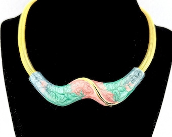 Vintage 80s Gold Tone Snake Chain Necklace Abstract Enamel Statement Collar 16”