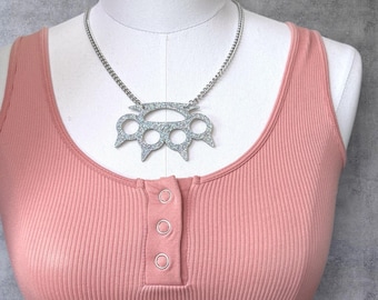 Y2K Glitter Knuckles Necklace - Punk Scene Emo Silver Glitter Acrylic