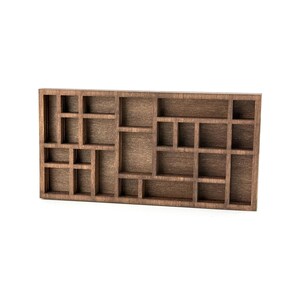 May include: A rectangular wooden display shelf featuring a dark brown finish and multiple compartments of varying sizes. The organizer is constructed with a grid of vertical and horizontal dividers, creating an assortment of open cubbies.