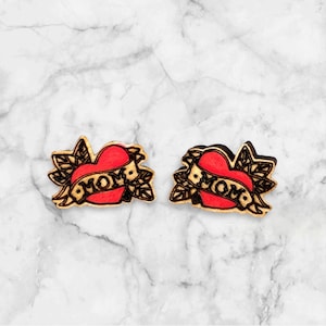 Old School Mom Tattoo Earrings – Laser Cut Wood Studs - Mother’s Day