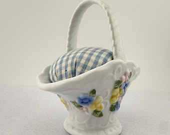 Vintage Floral Pin Cushion Cottagecore Porcelain Basket Blue Gingham Sewing
