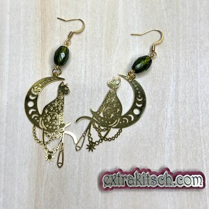 Boho Cat & Moon Earrings – Gold or Black Celestial Charm with Beads