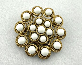 Vintage Flower Brooch - Gold Rope White Cabochon Flower Cluster Pin