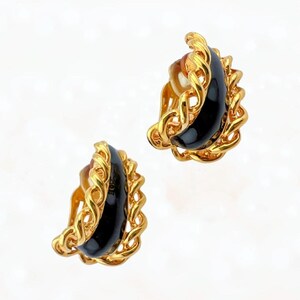 St John Earrings - Etsy Vintage St. John Black Enamel Gold Rope Clip Huggie Hoop Earrings main image 0