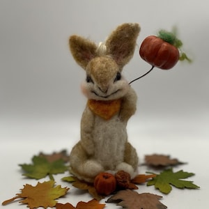 Needle felted wool bunny, rabbit, fall, autumn, bandana, holding orange pumpkin balloon, sitting,adorable leaves,holiday, gift, smiling,ears