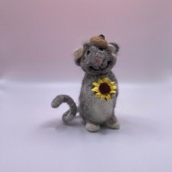 Needle felted wool gray rat, long curly tail, acorn cap hat, holding sunflower, sweet, shy, coy, offering, giving, handmade gift, curly, hat