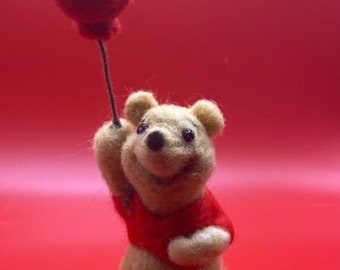 Needle felted wool, Winnie the Pooh, sitting, holding red balloon, happy, sweet, adorable headband Disney Characters, friends, gift