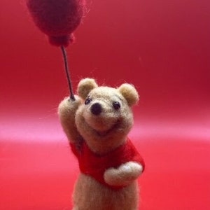 Needle felted wool, Winnie the Pooh, sitting, holding red balloon, happy, sweet, adorable headband Disney Characters, friends, gift