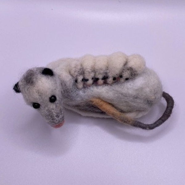 Needle felted wool opossum with babies on back, carrying a baby, rodent, tails, cute, handmade gift, Mother's Day, mom kids,Father's Day,dad