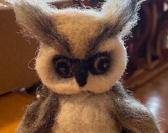 Needle felted wool, owl, yellow eyes, chick, baby, horned, winged, wings, cute, handmade gift