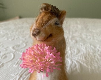 Needle felted wool chipmunk, flower, smitten, love, coy, brown, shy, happy, smiley, unique, silly, funny, handmade gift