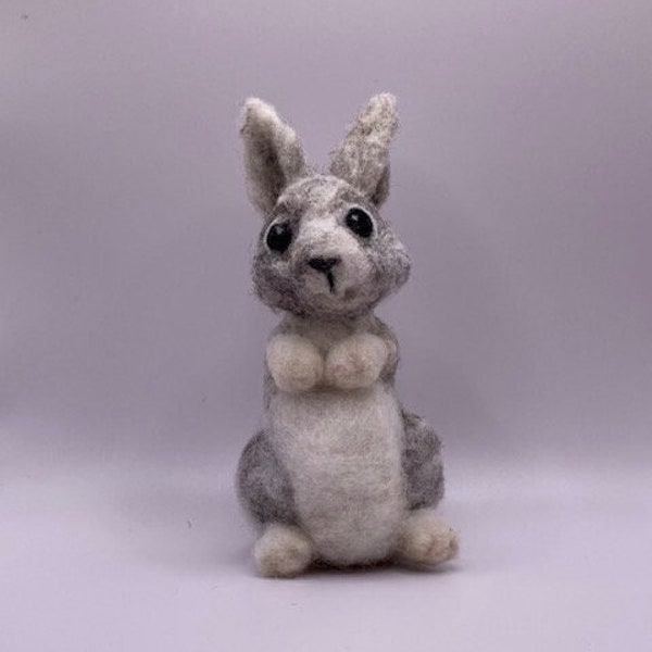 Needle felted wool, bunny, rabbit, sweet, grey, Easter, handmade gift, animal, love, hind legs, sitting