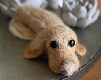 Needle felted wool, critters, animals, handmade, fiber, art, adorable, cute, dog, laying, funny, unique, made to order, brown, handmade gift