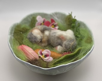 Needle felted wool bunny sleeping soundly in a head of cabbage,carrot,flowers,pansies,Easter,springtime,cozy,rabbit,adorable,smiling