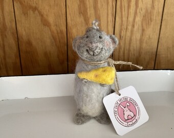 Needle felted wool rat, mouse, mice, cheese, Swiss, giving, sharing, adorable, gray, happy, smiley, silly, funny, handmade gift